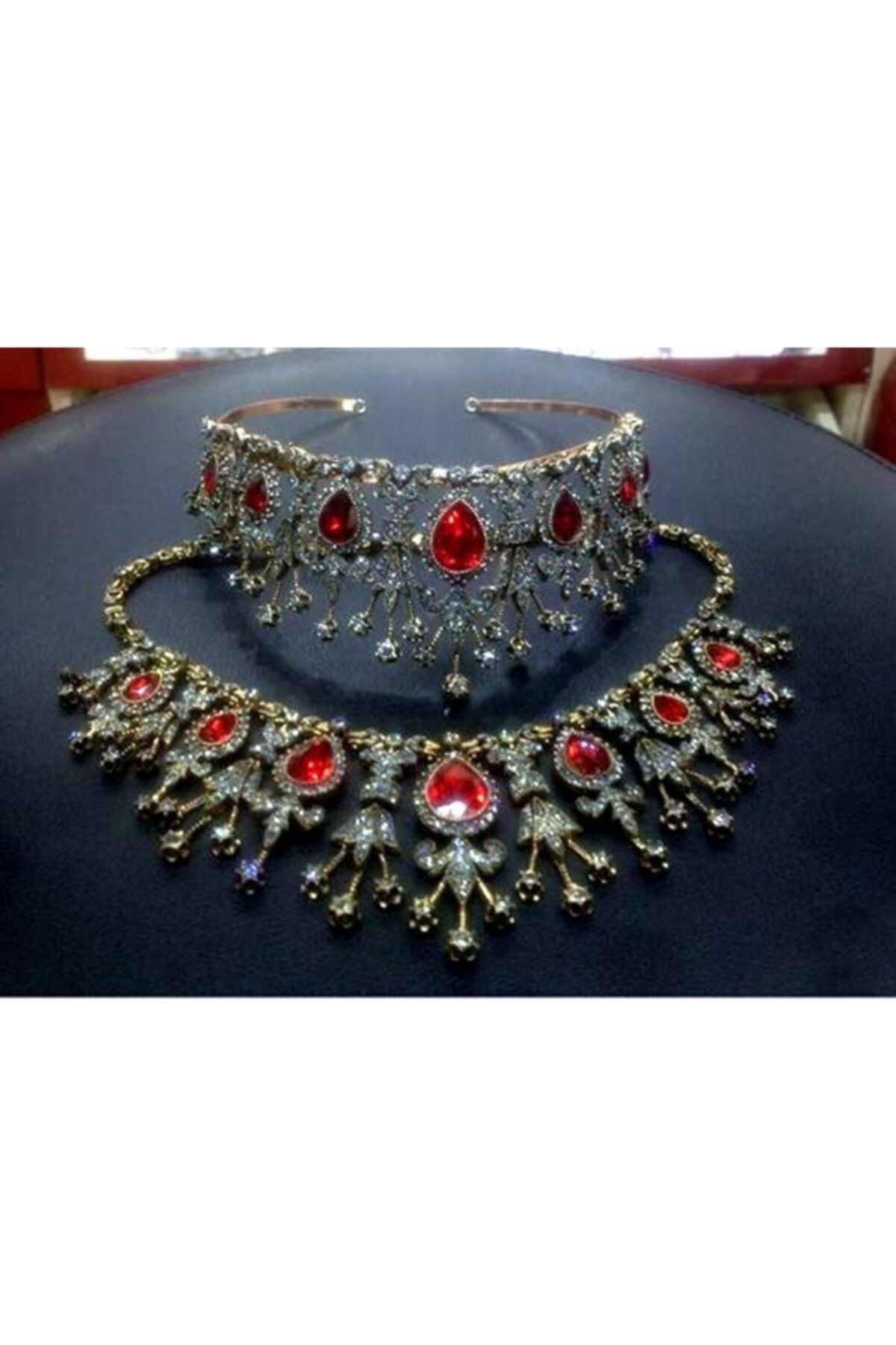 Aşina Gümüş Gelin Kaftan Kına Elmas Montür Yakut Kırmızı Damla Gerdanlık ve Taç Set Sevgiliye Hediye