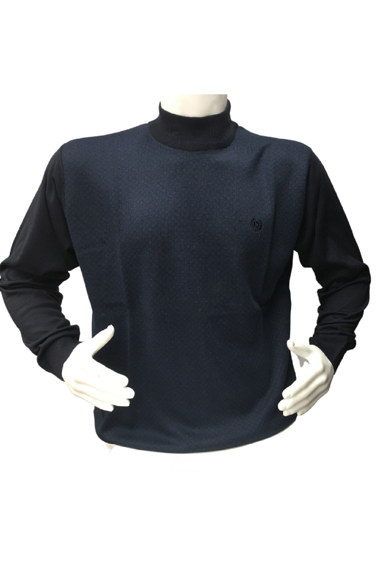 By Mustafa Erkek Lacivert Günlük Klasik Battal Desenli Dik Yaka Kazak