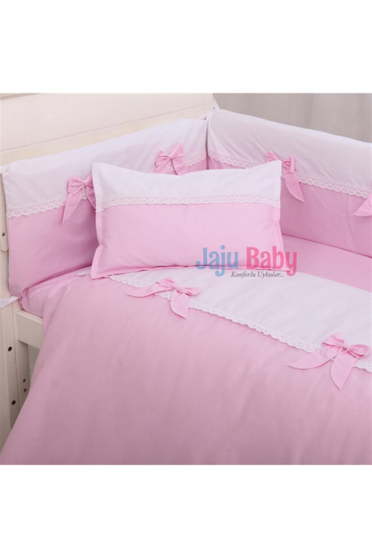 Jaju Baby Pembe Beyaz Bebek Nevresim Takımı Ve Kenar Koruma 90x190