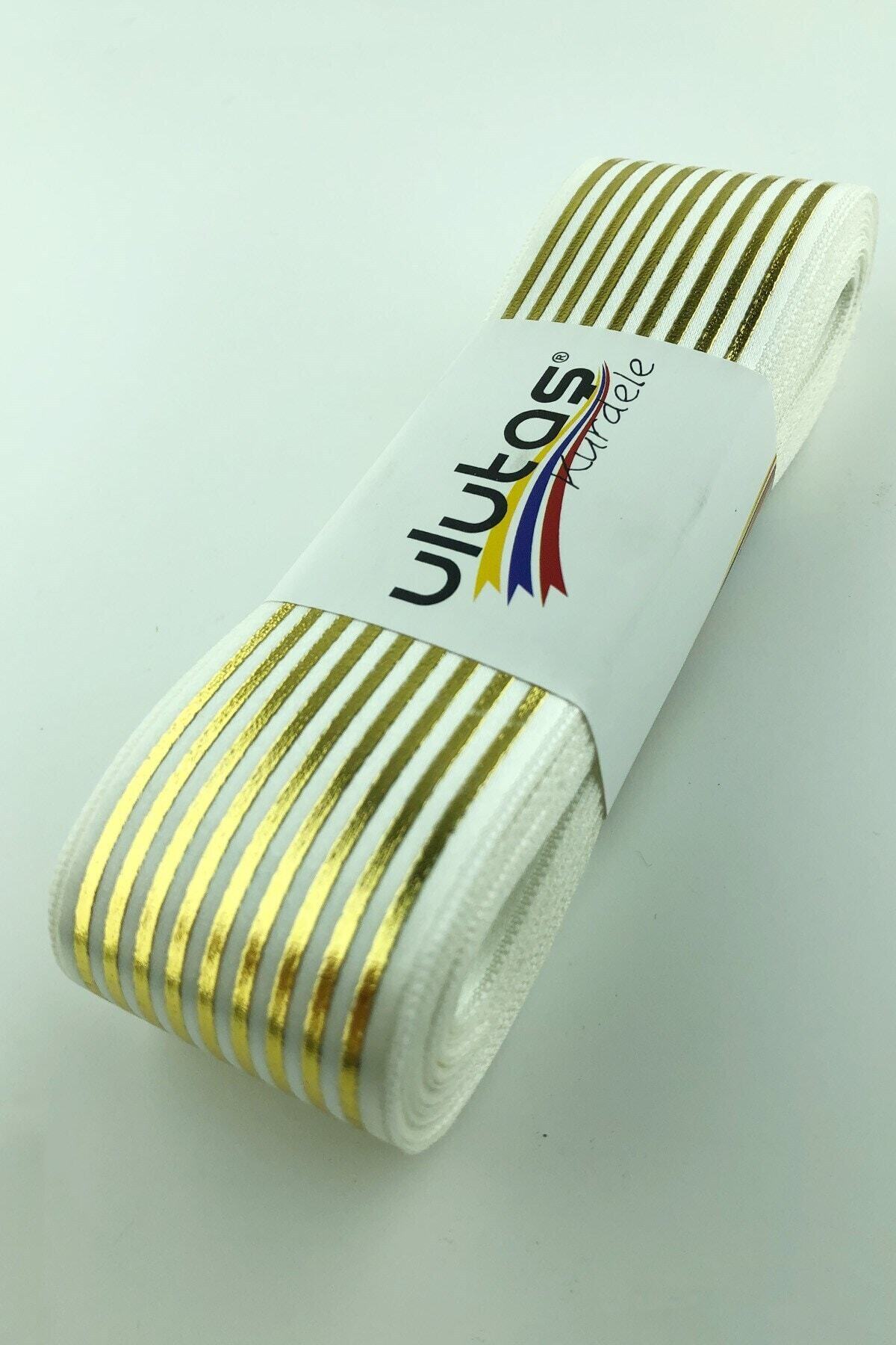 Hayalperest boncuk Çizgili Gold Varak Baskılı Saten Kurdele 4 Cm