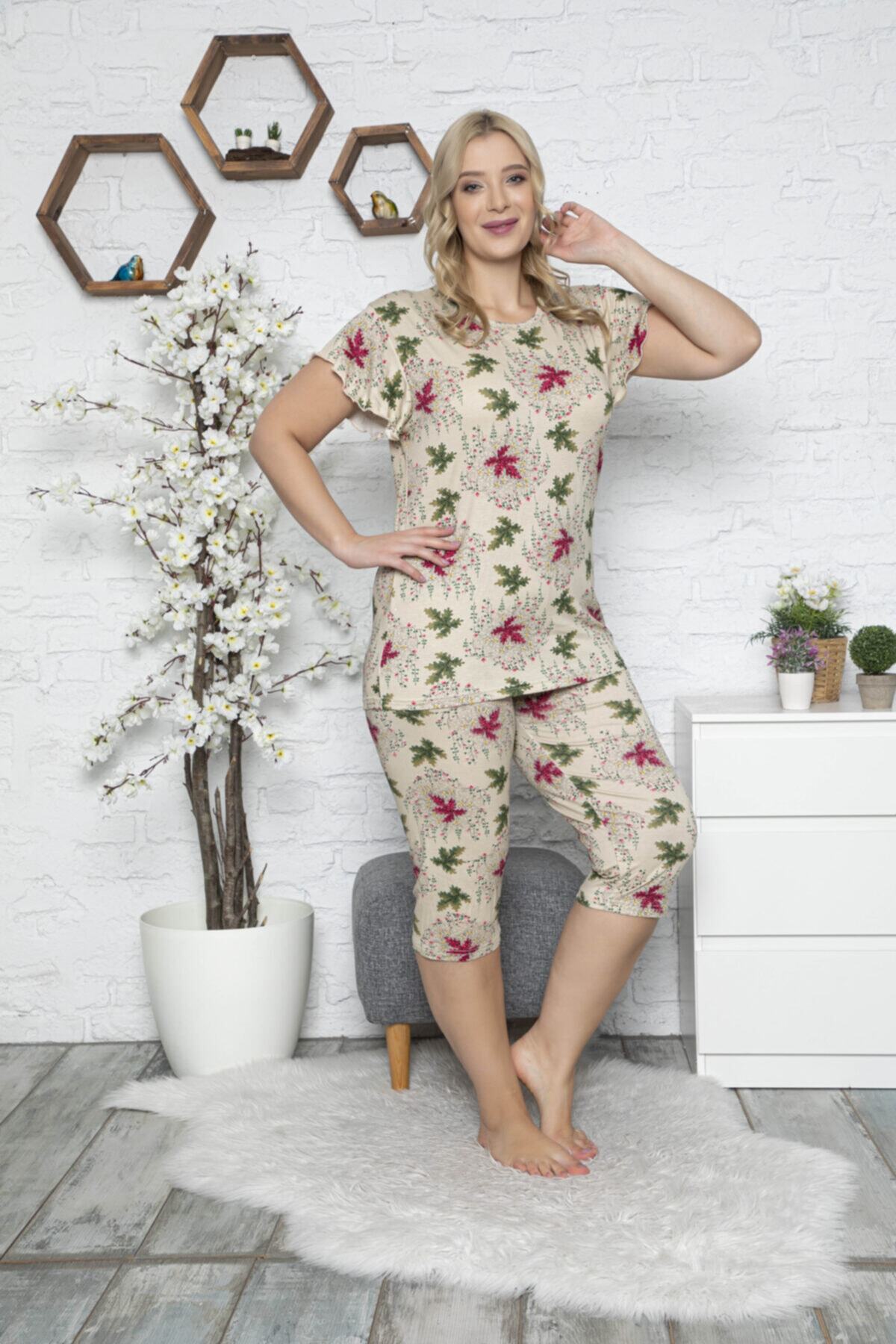 MyBen Kadın Ekru Büyük Beden Kapri Pijama Takımı 50026