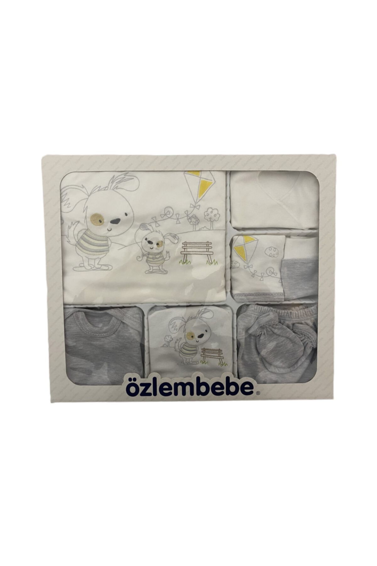 ÖZLEM BEBE Bebek Gri Köpekli Uçurtmalı Nakışlı 10lu Hastane Çıkışı Zıbın Set