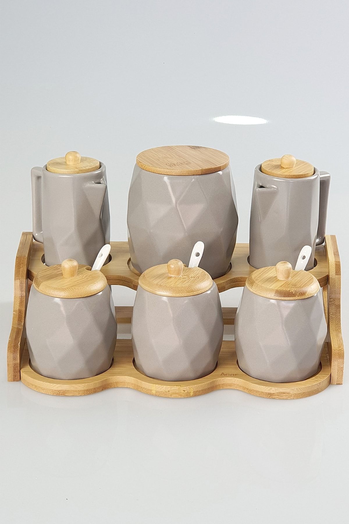 ACAR Bambu Standlı 6 Li Bej Yağlıklı Baharat Takımı (kaşıklı)