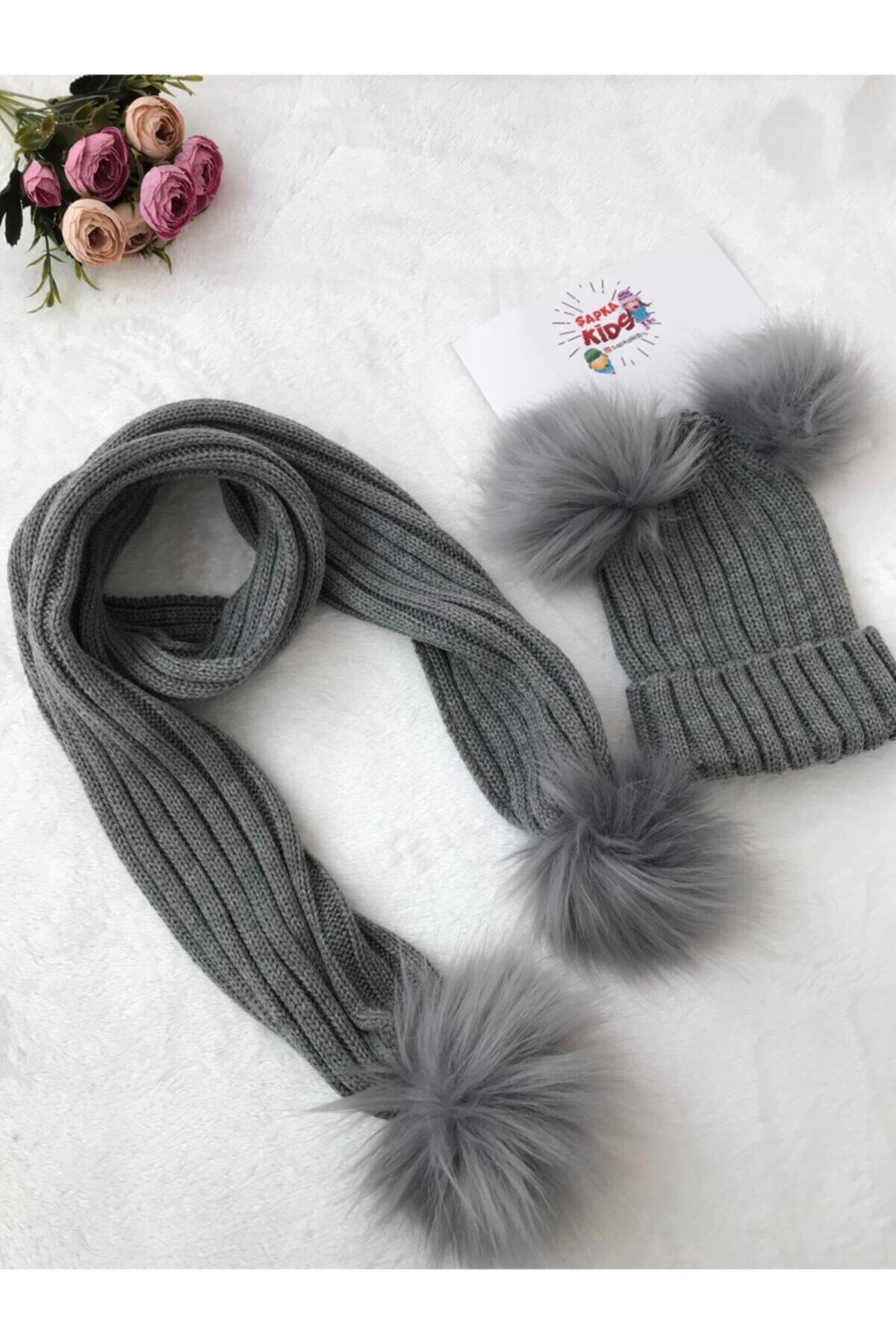 ŞAPKAKİDS Kız Çocuk Gri Triko Atkı Bere Set