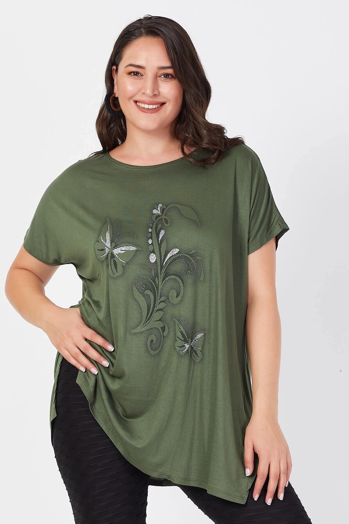 Siyezen Kadın Haki Büyük Beden Salaş Kelebek Detaylı T-shirt