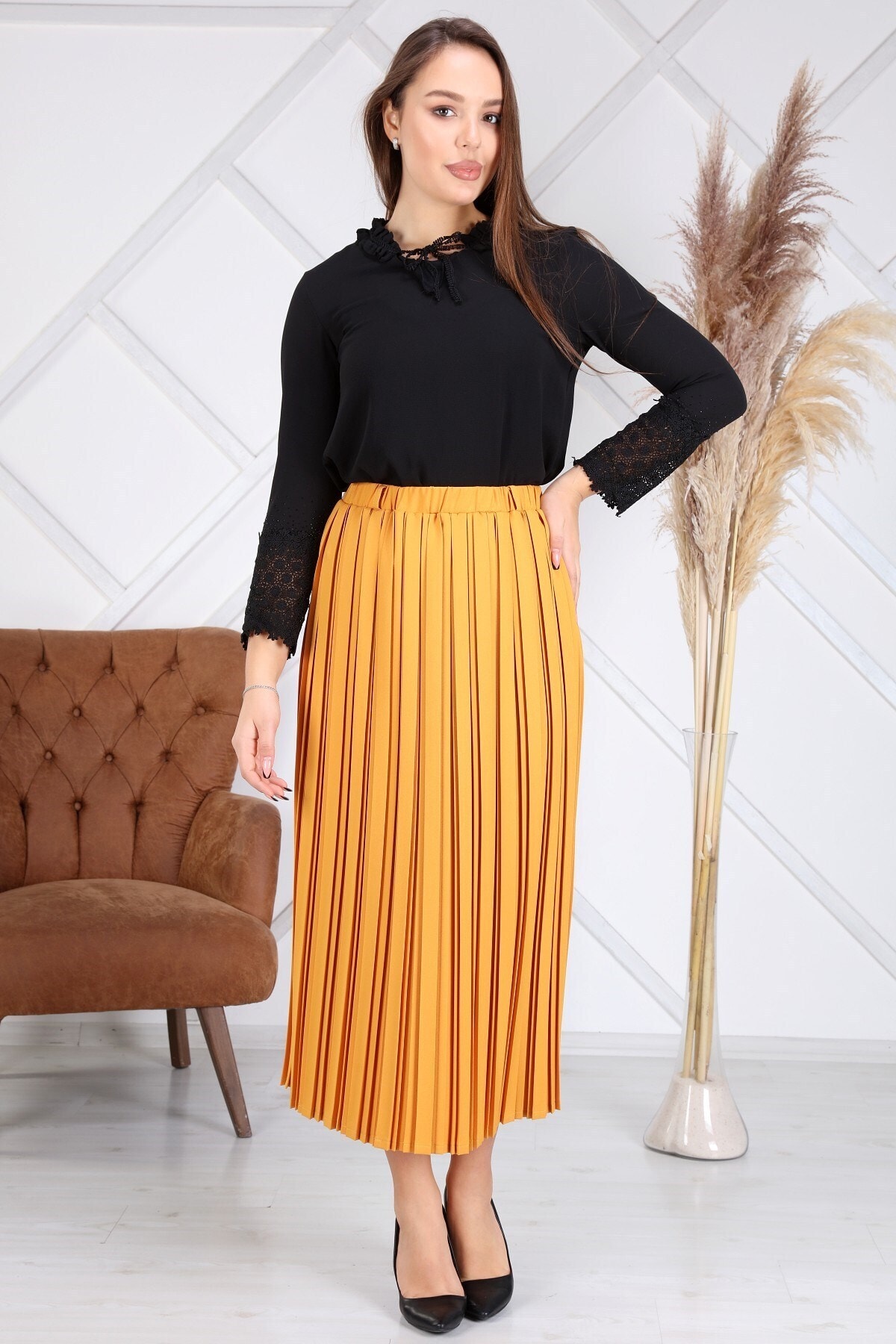 apsen Kadın Hardal Beli Lastikli Dört Mevsimlik Piliseli Uzun Tesettür Etek 2168/95