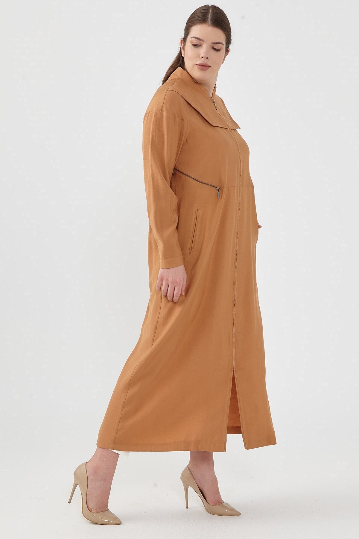 Nihan Kadın Camel Büyük Beden Pardesü