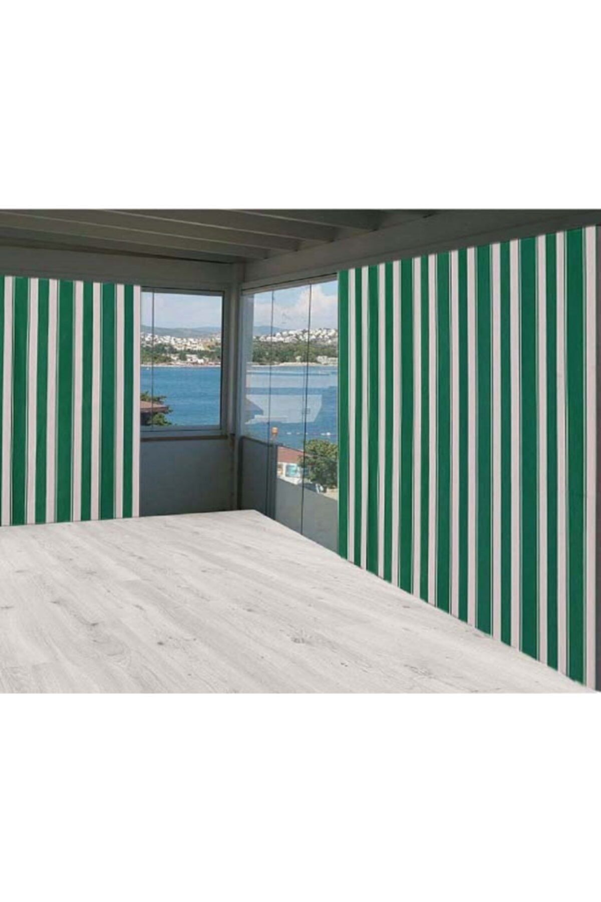 ceylan home Balkon Perdesi Yeşil Beyaz Çizgili 750x250