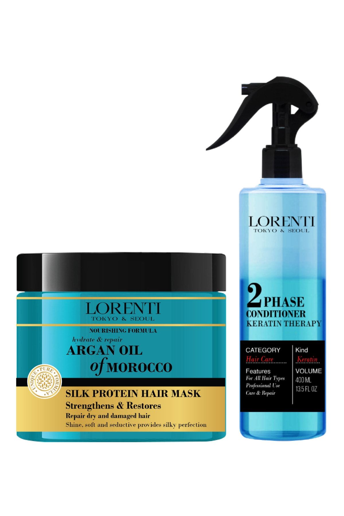 LORENTİ Argan Yağı Saç Maskesi 500ml Ve Keratin Fön Suyu 400ml