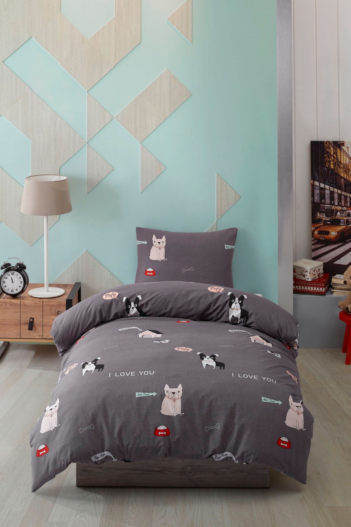 Enlora Home %100 Doğal Pamuk Nevresim Seti Tek Kişilik Kids Papçik Antrasit