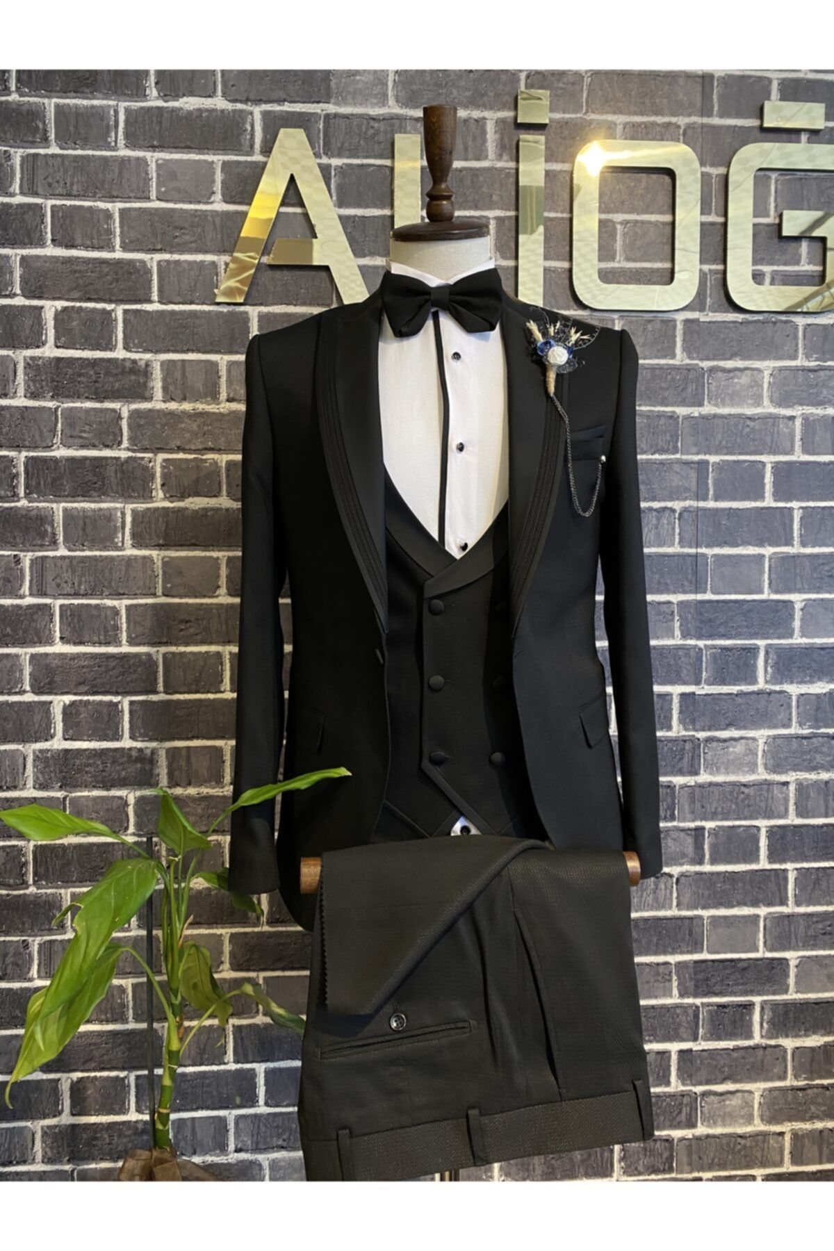 RAGAZZO Erkek Siyah Kendinden Desenli Slim Fit Smokin Damatlık 3’lü Set