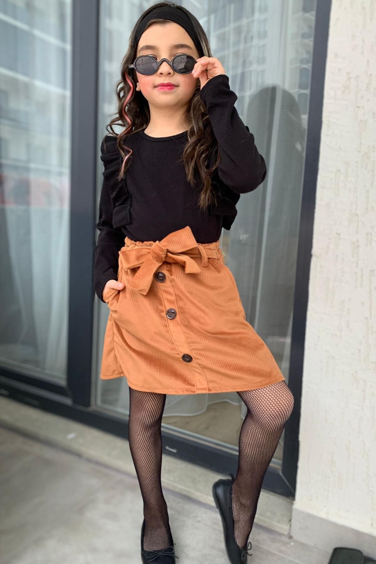 Riccotarz Girl s New Black Velvet Skirt Suit with Ruffles and