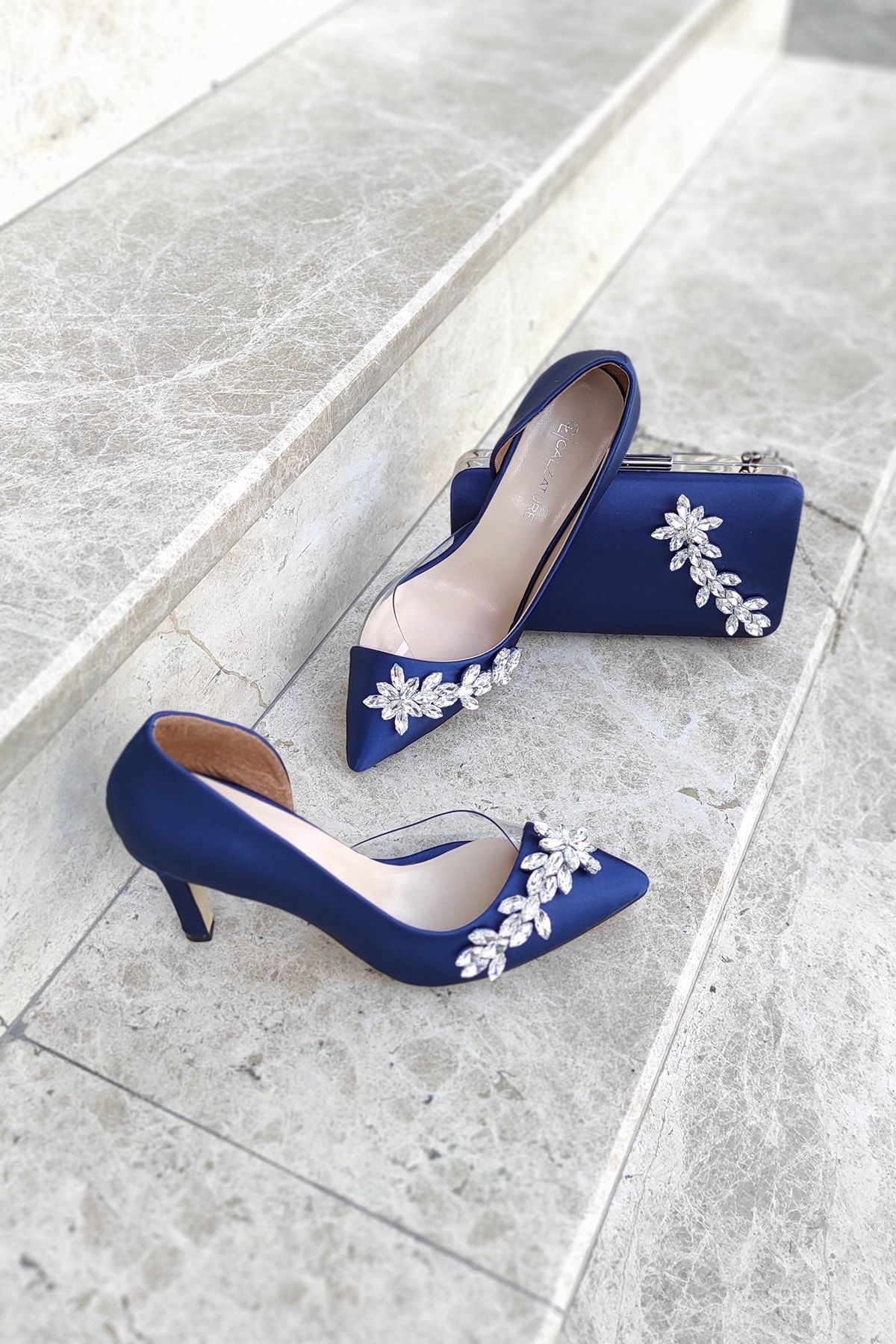 Navy blue online satin shoes