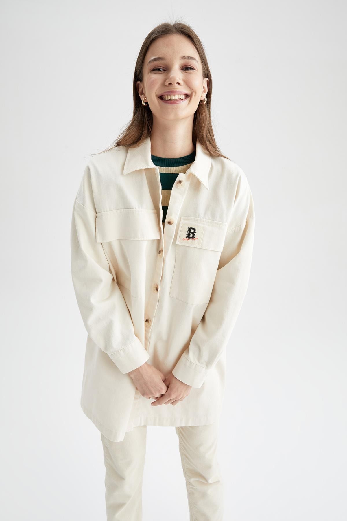 Defacto Relax Fit Double Pocket Twill Shirt Jacket 100 Cotton