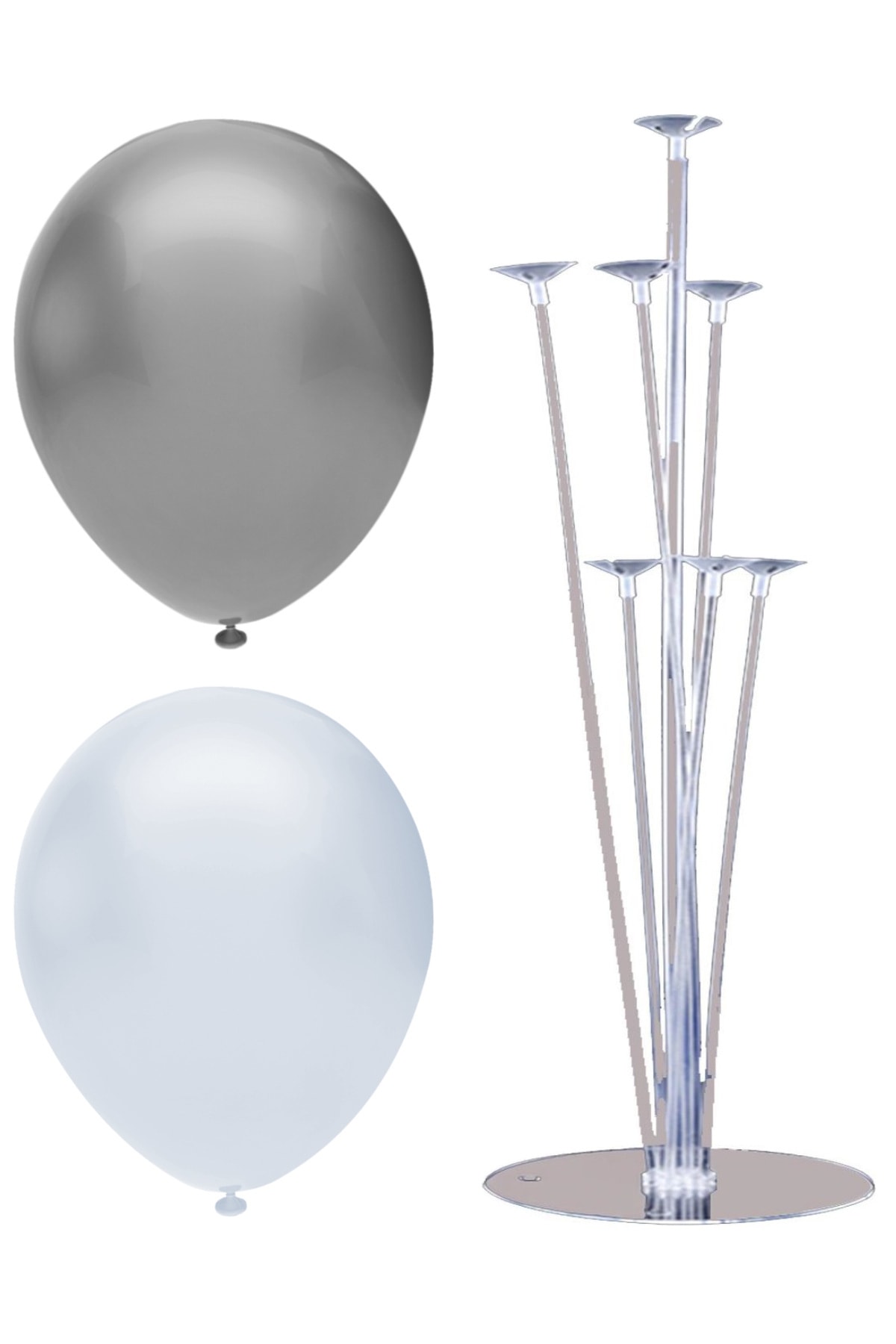 INFINITY 100’lü Metalik Balon Ve 7 Çubuklu Balon Standı Seti, 2 Renk X 50, Gümüş, Beyaz