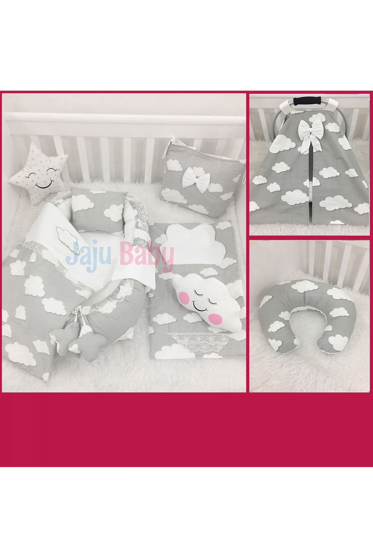 Jaju Baby Babynest 11 Parça Gri Bulutlu Full Set Lüx Ortopedik Baby Nest