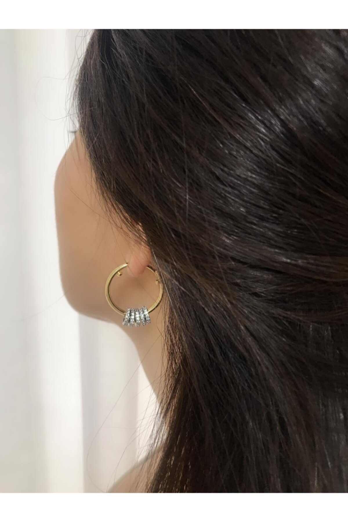 Joya Accessories Özel Seri 5 Küçük Gold Renk Zirkon Taşlı Halkalı Büyük Boy Halka Küpe