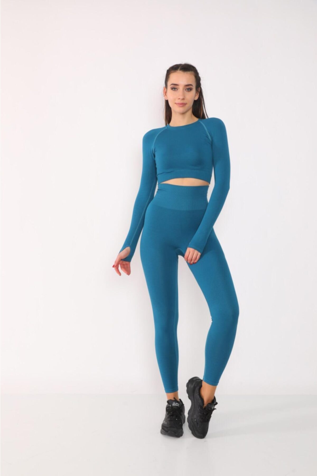 MAGZA Kadın Mavi Extra Yüksek Bel Dikişsiz Spor Tayt Crop Ile Takım