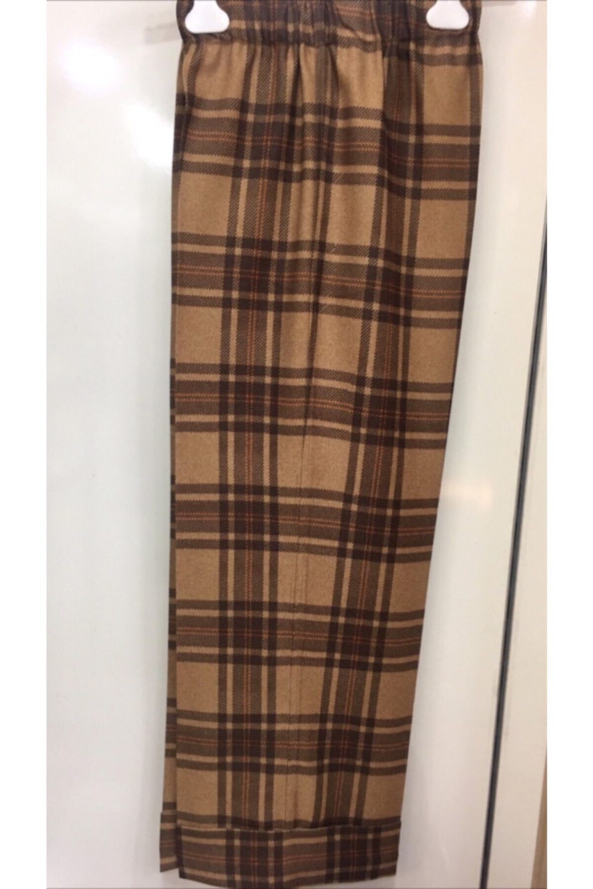 ÇAĞRI GİYİM Kadın Kahverengi Ekose Kumaş Beli Lastikli Pantolon