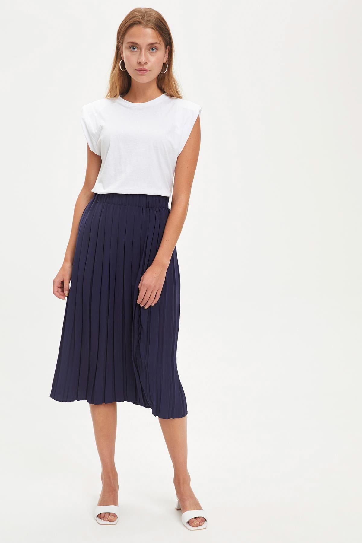 DeFacto Basic Regular Fit Midi Dokuma Pileli Etek