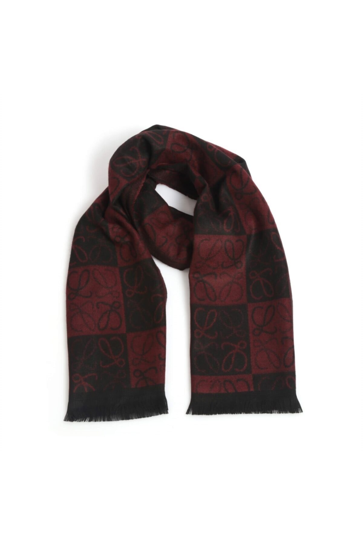 Tr10 Siyah Bordo Kare Desenli Poliviskon Kaşkol