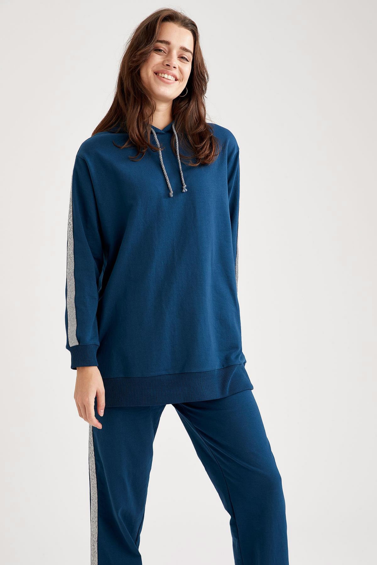 DeFacto Sim Şerit Detaylı Kapüşonlu Relax Fit Uzun Sweat Tunik