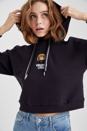 DeFacto Kadın Siyah Harry Potter Lisanslı Kap&uuml;şonlu Crop Sweatshirt