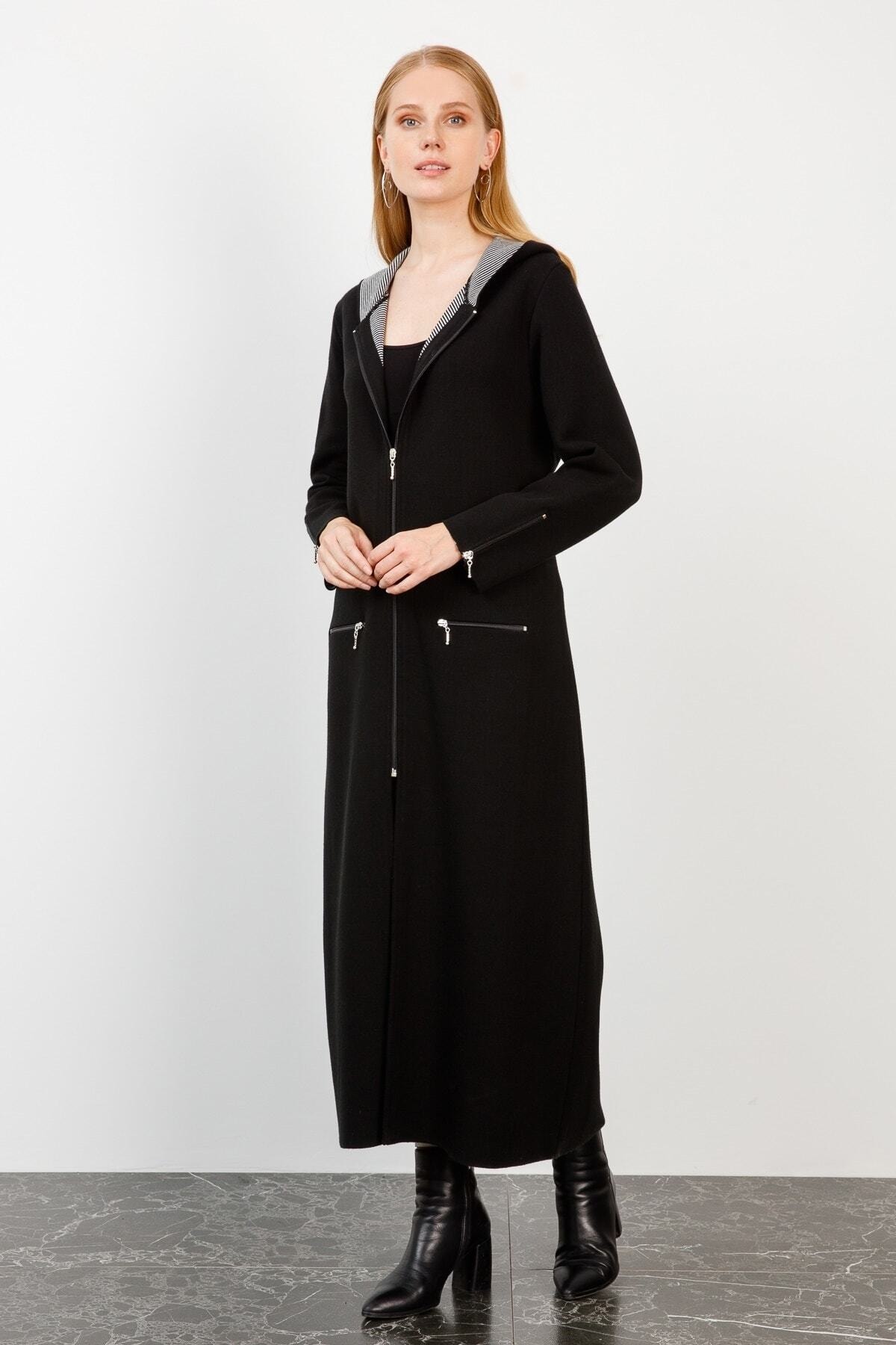 Butik Triko 2740 Kadın Çizgili Fermuarlı Triko Pardesü