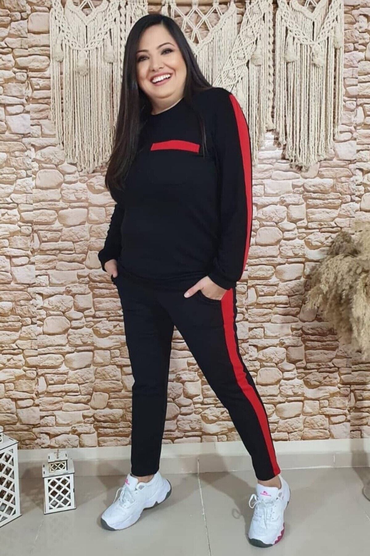 sinemisxxl Kırmızı Yanları Şeritli Uzun Kol Takım