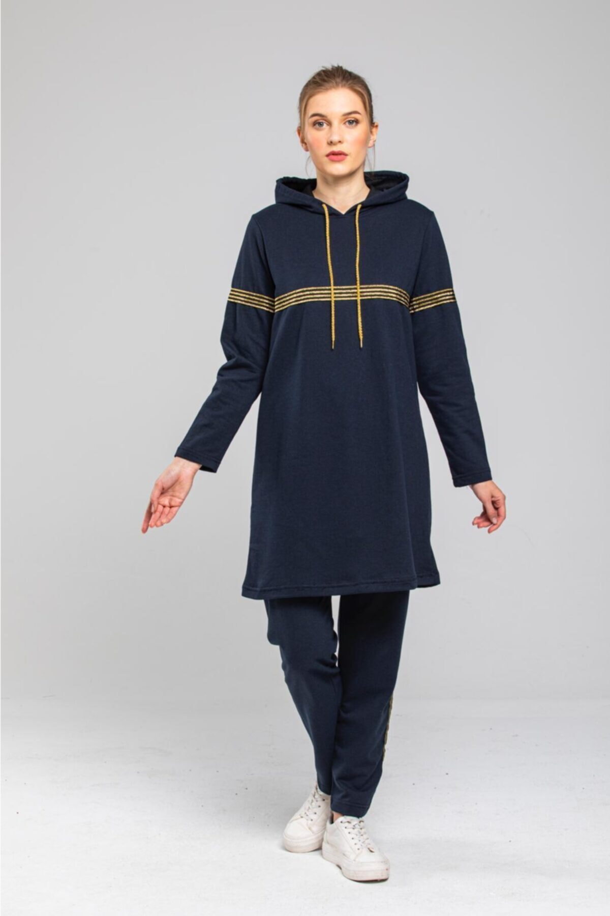 CNG MODA Kadın Lacivert Sim Şeritli Iki Iplik Tesettür Alt-Üst Takım