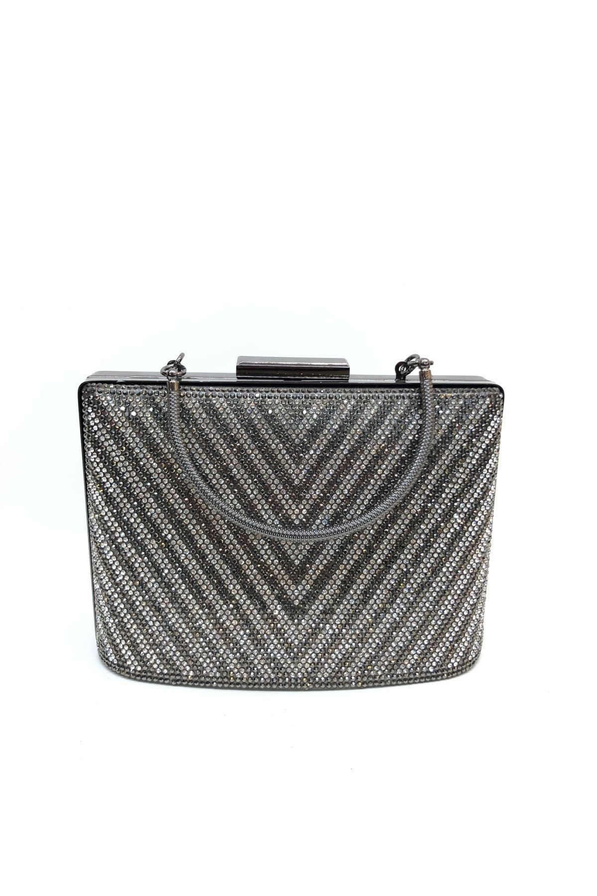 womenacs Kadın Platin Renk Üçgen Taşlı  Abiye Clutch Portföy Çanta