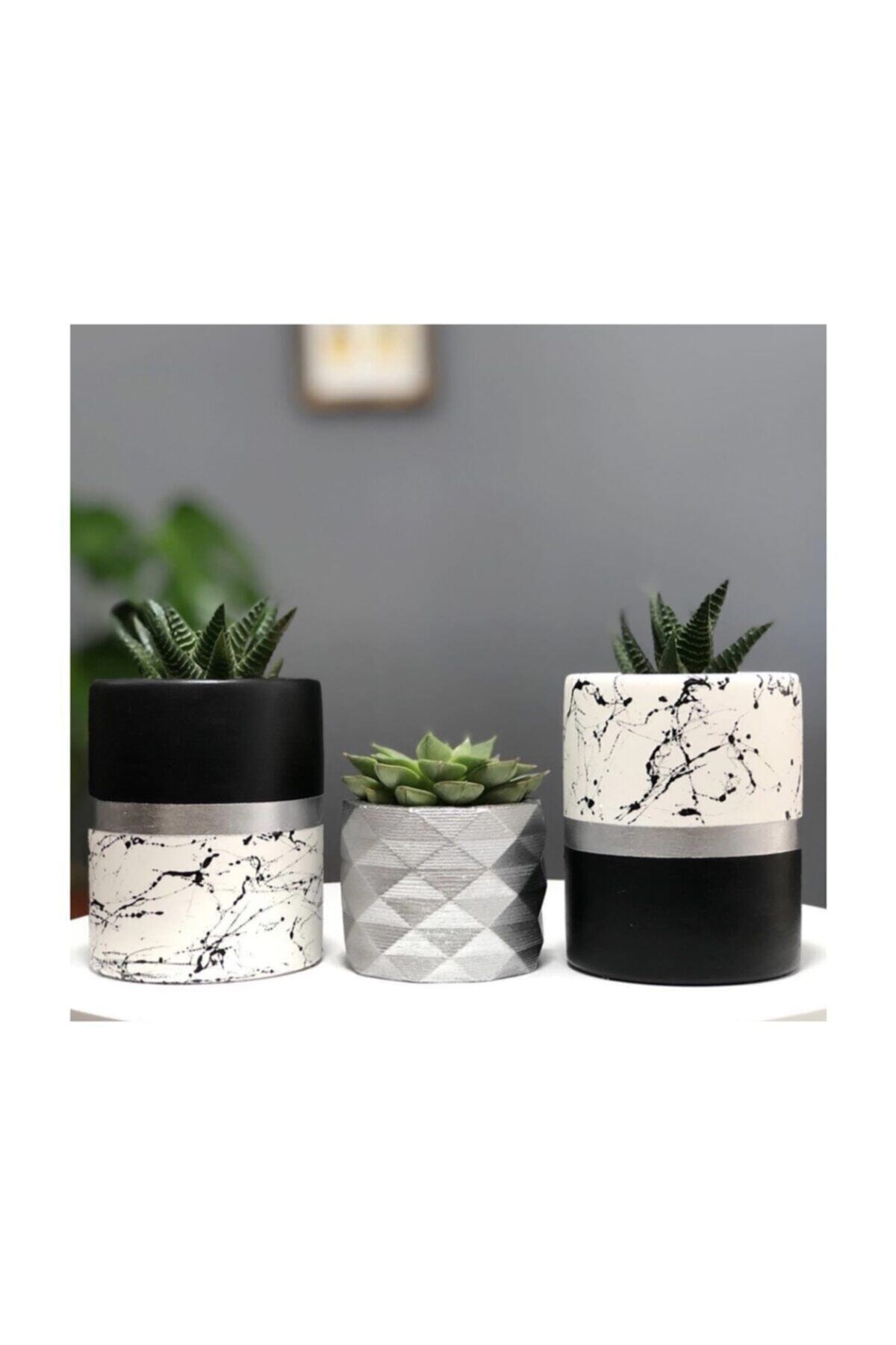 Big Craft Mermer Desen Siyah Gümüş Beton Saksı Silindir Model 3'lü Set Sukulentlik Kaktüs