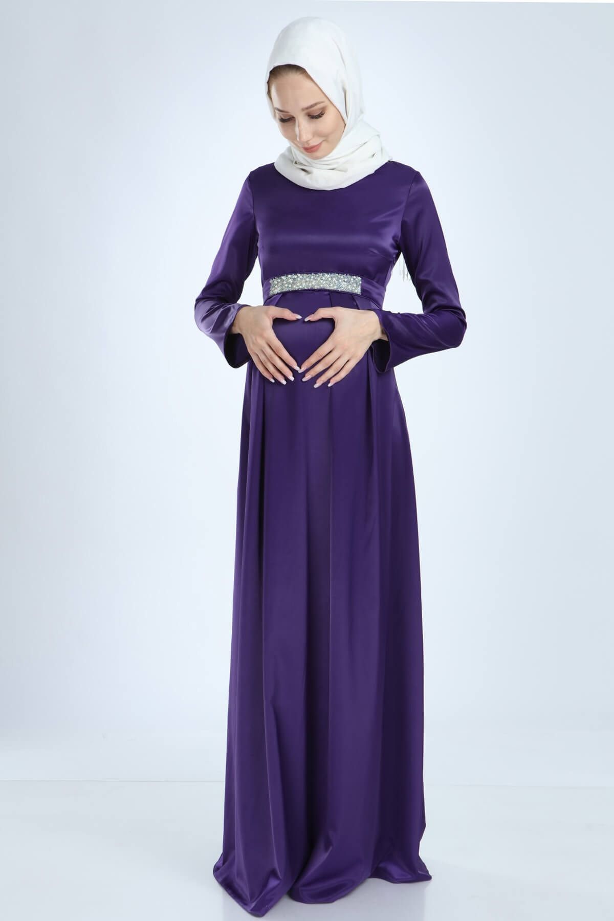 Moda Labio Saten Tesettür Incili Mor Hamile Elbise