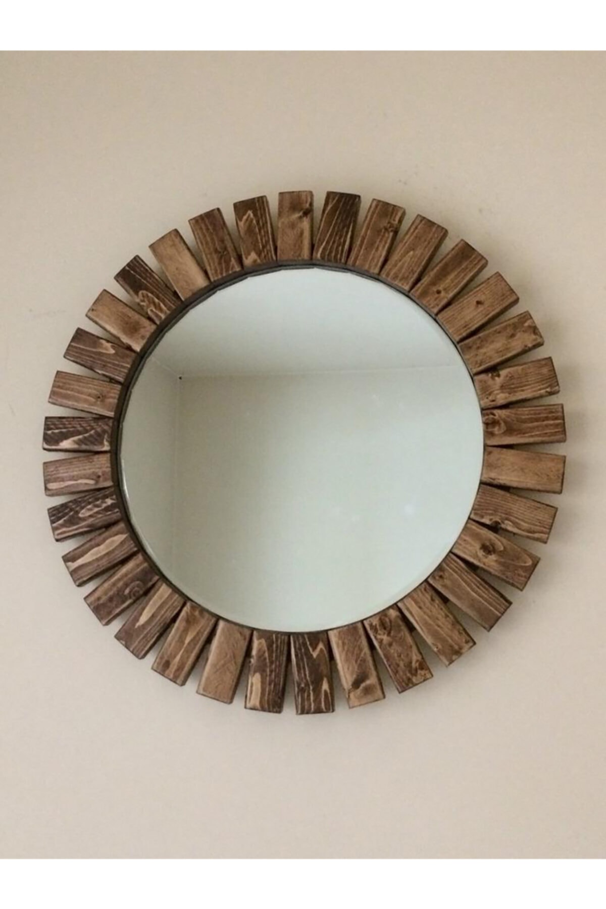 DFN WOOD Masif Ahşap Yuvarlak Dekoratif Duvar Salon Banyo Aynası 60 Cm Çap