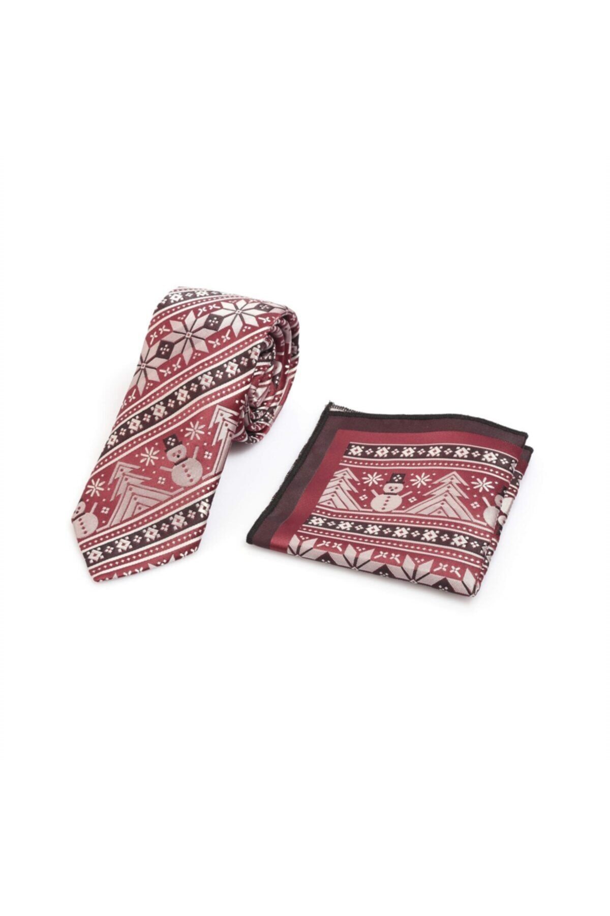 Tr10 Çam Ağacı Bordo Beyaz Kravat Mendil Set