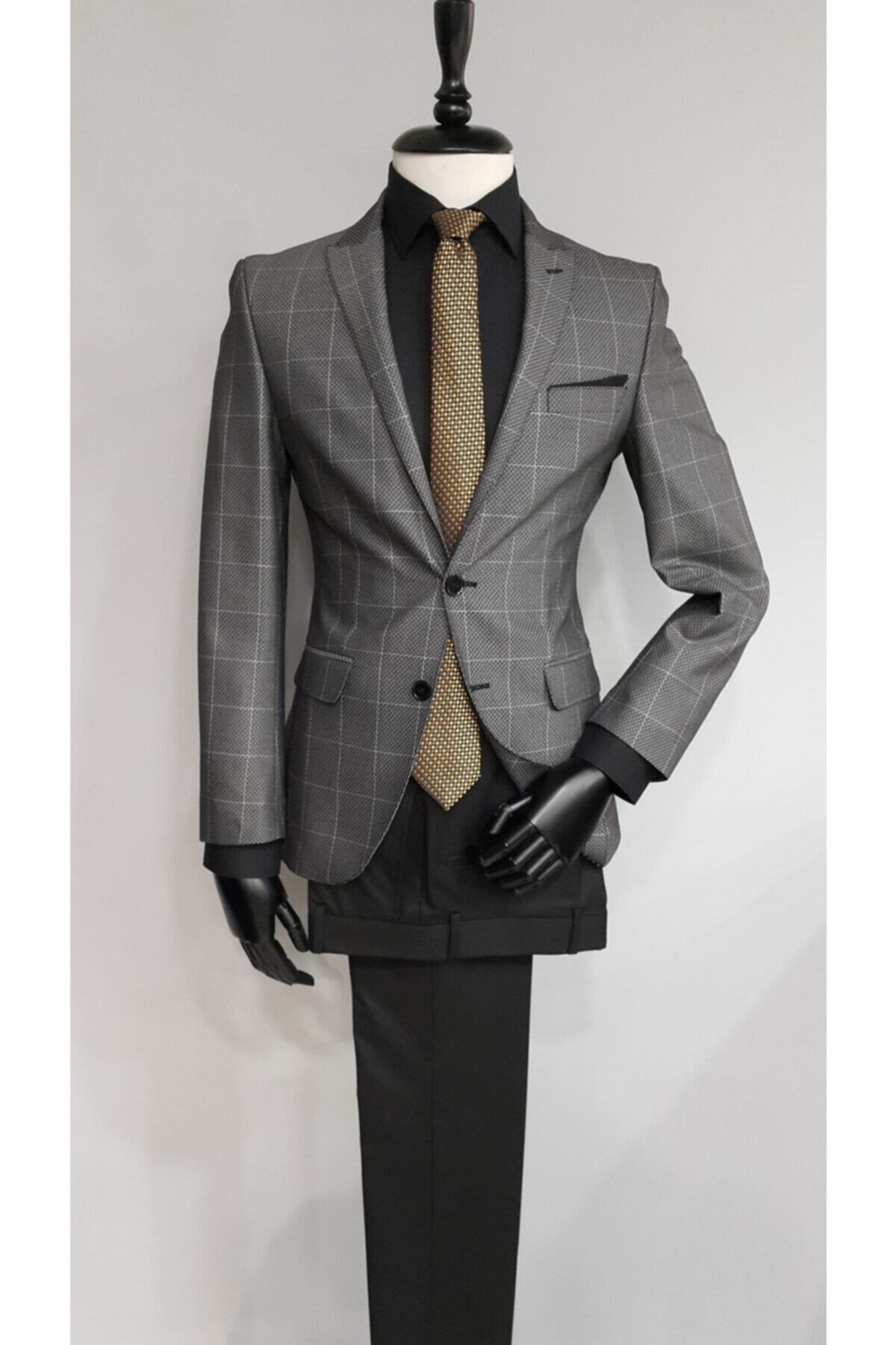 TREND&LİFE Erkek Gri Slim Fit Kruvaze Yaka Kombinli Takım Elbise