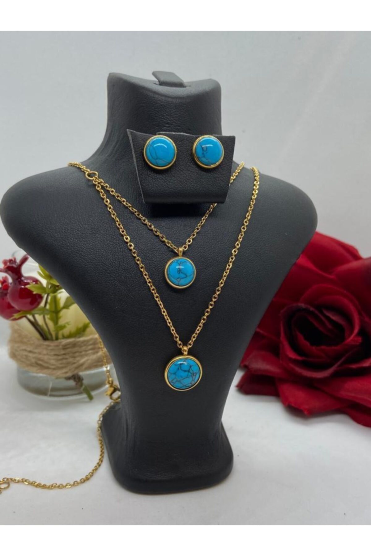 EuroGold Kadın Gold Firuze Taşlı Altın Kaplama Set