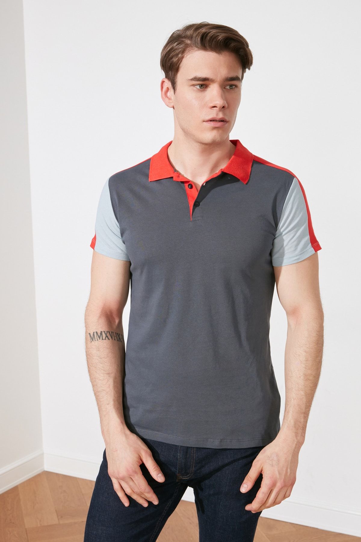 TRENDYOL MAN Lacivert Erkek Slim Fit Renk Bloklu Polo Yaka T-shirt TMNSS21PO0066