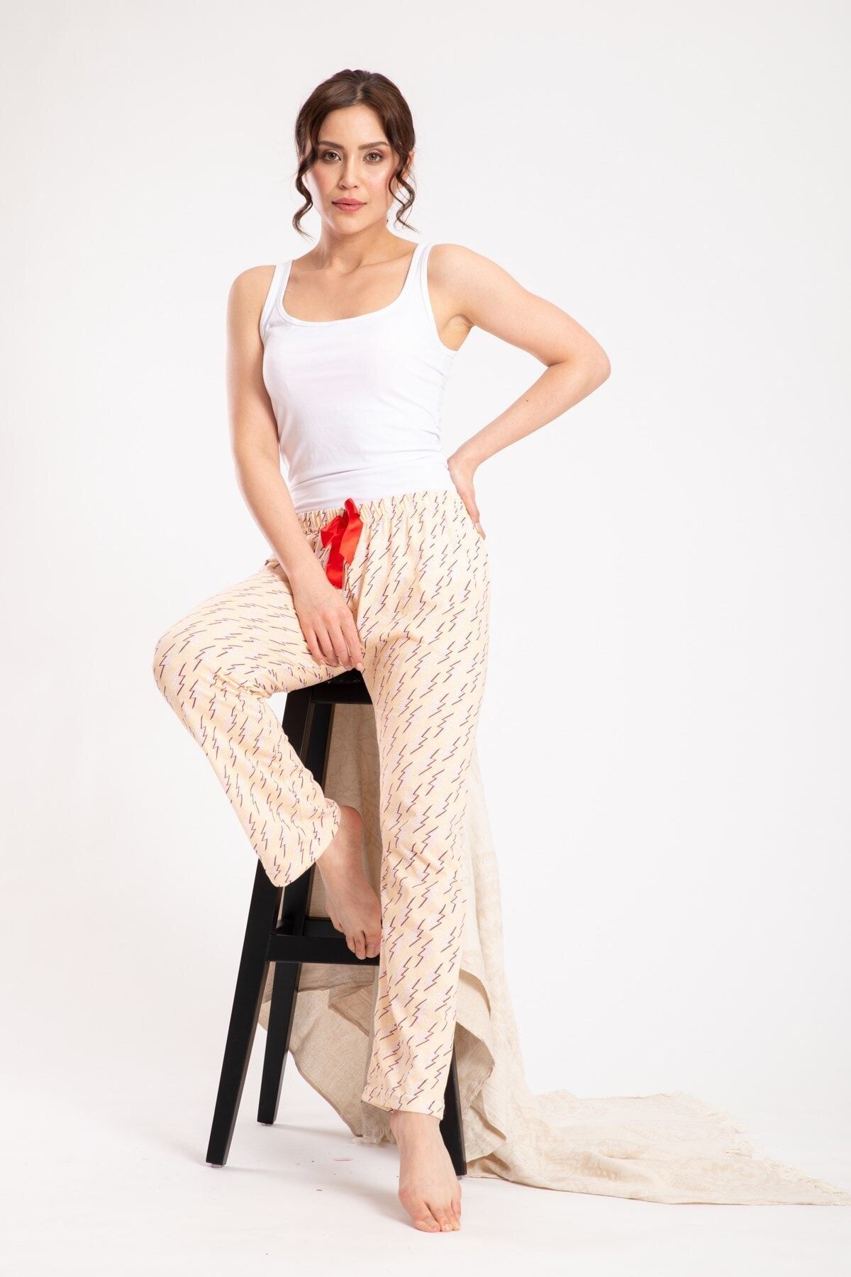 Pemilo Kadın Sarı Şimşek Desenli Penye Tek Alt Pijama
