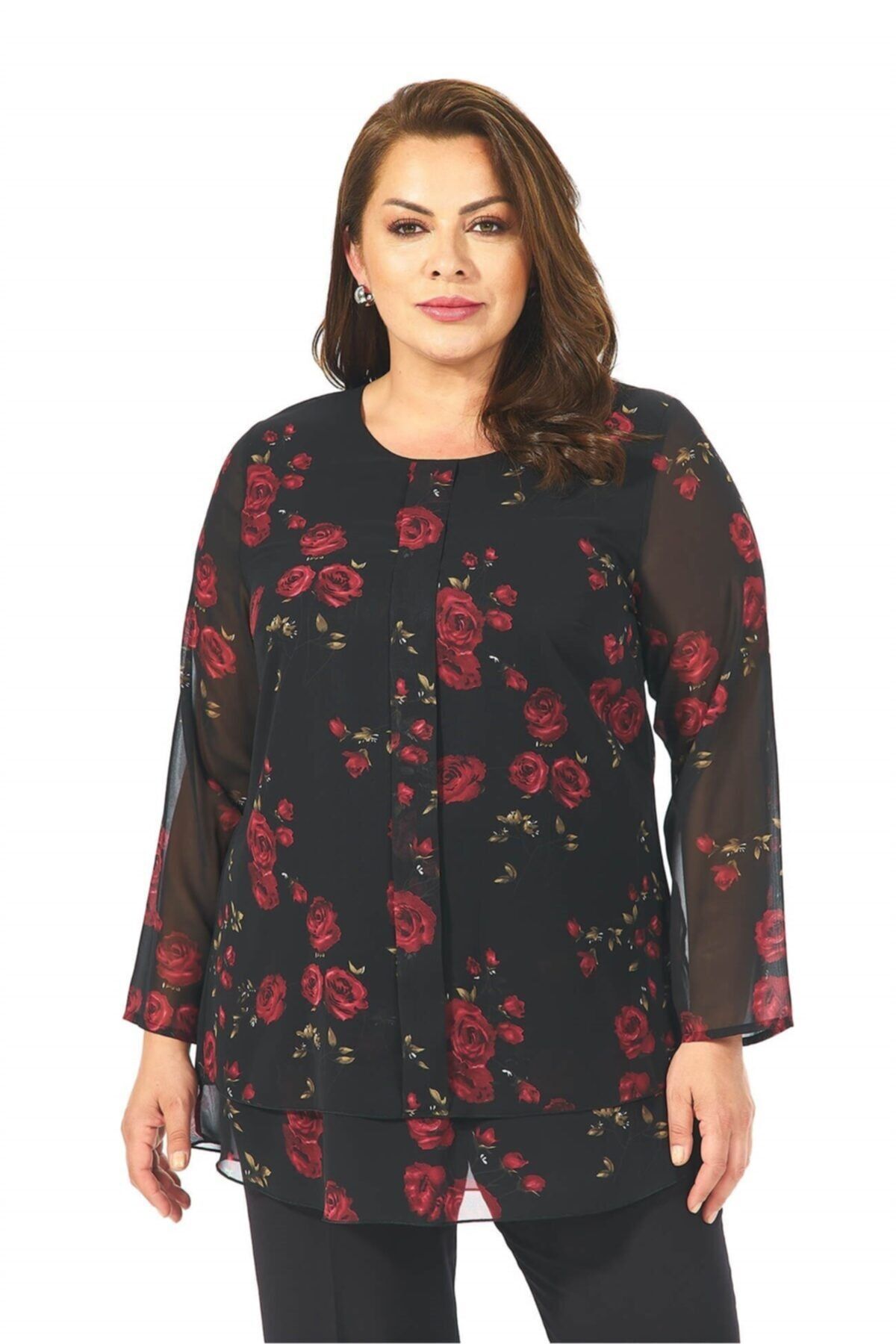 Lila Kadın Kırmızı Büyük Beden Renkli Gül Desenli Şifon Bluz