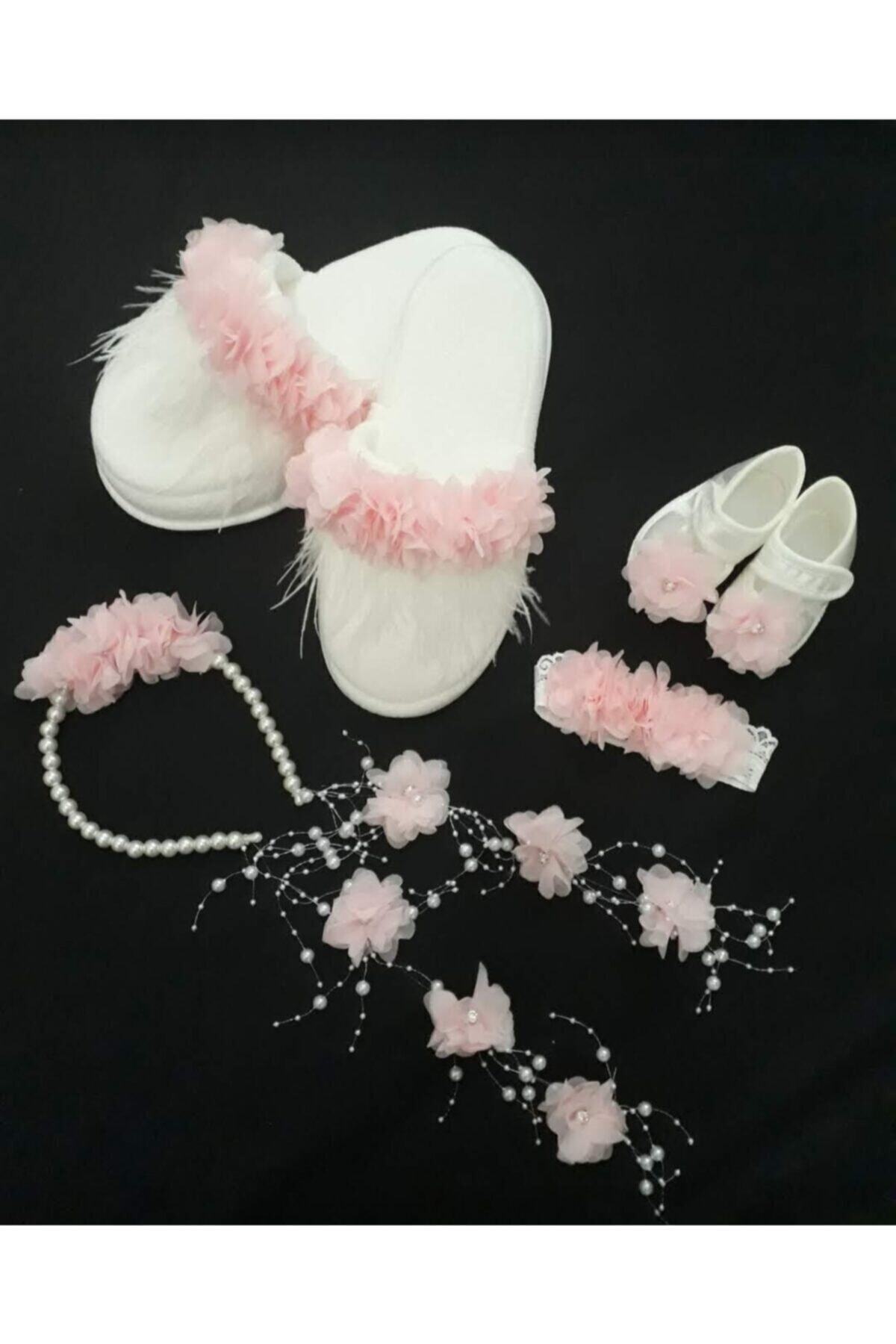 Little Baby Pembe Çiçek Süslemeli Taşlı Lohusa Terlik Taç Takımı 4lü Set El Yapımı