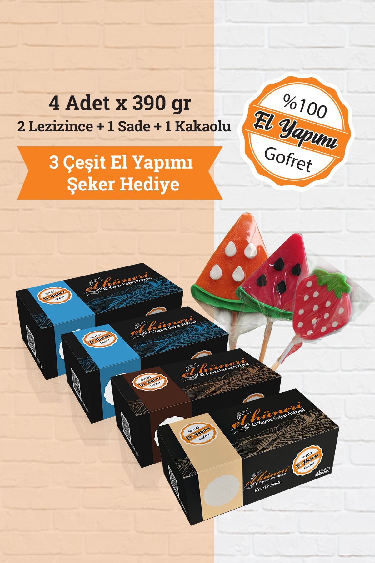Elhuneri Gofret Elhüneri - El Yapımı 2 Adet Lezizince + 1 Sade + 1 Kakaolu Gofret + Şeker Hediyeli