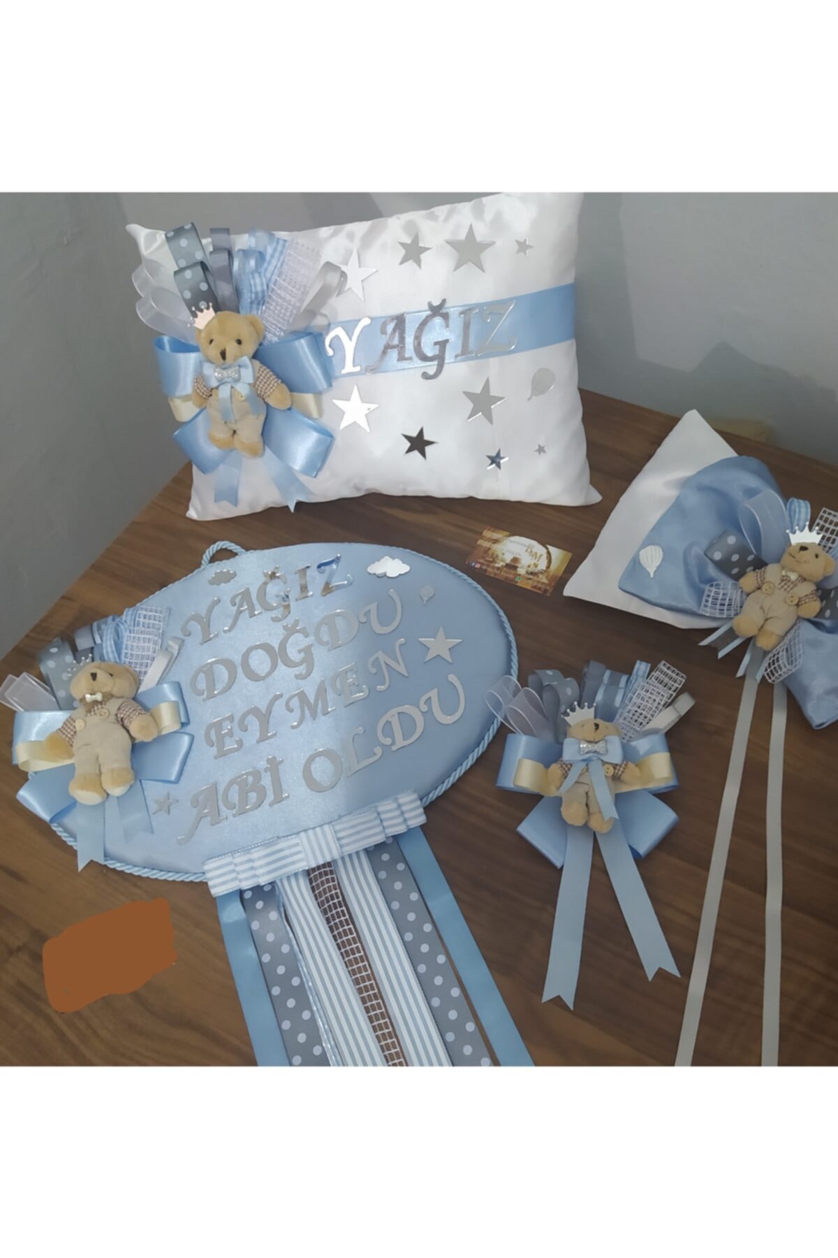damlakids Bebek Mavi Takı Yastığı Kapı Süsü Ve Yatak Fiyonk Set