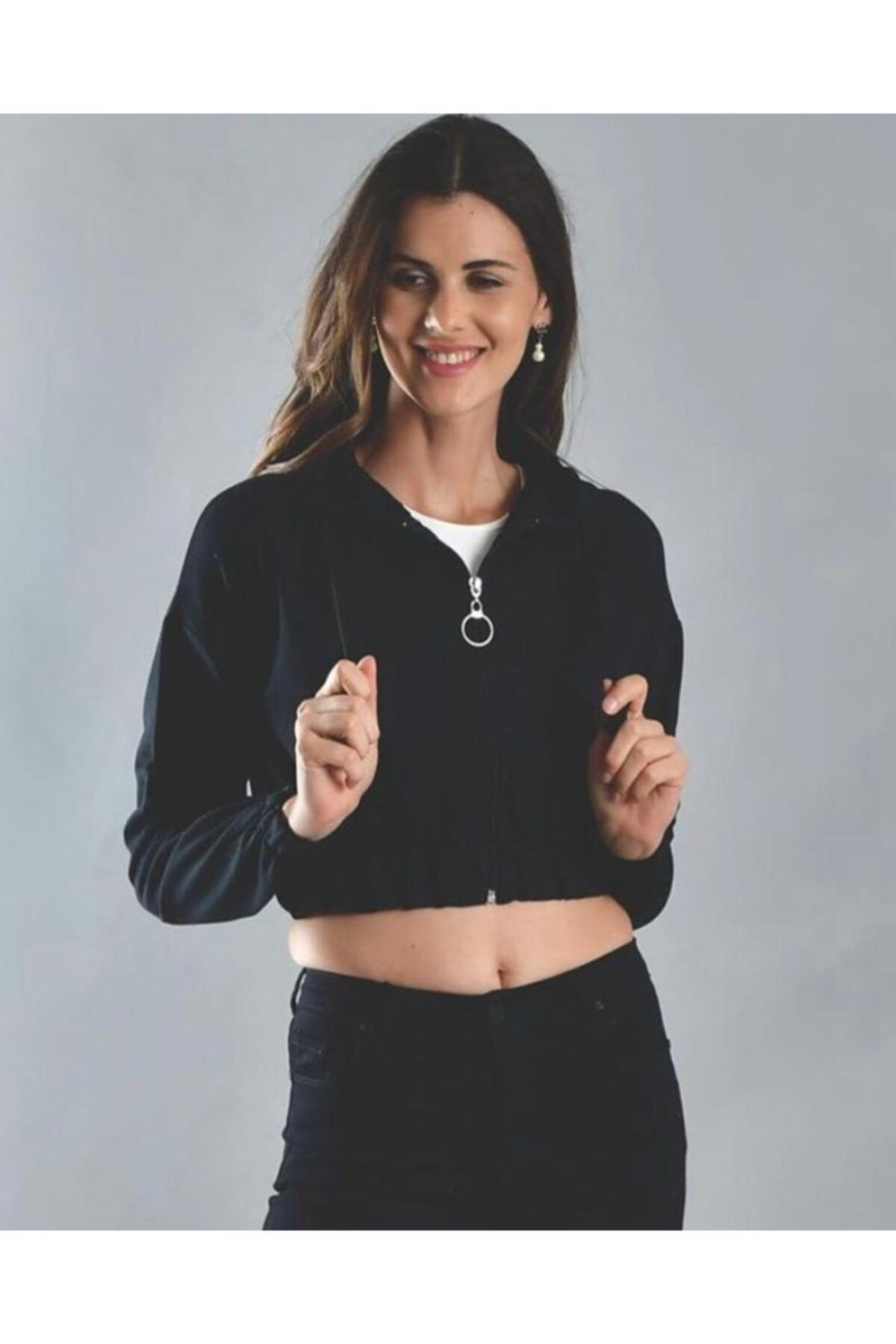 deli dolu moda kadin siyah iki iplik fermuarli kapsonlu crop hirka sweatshirt fiyati yorumlari trendyol