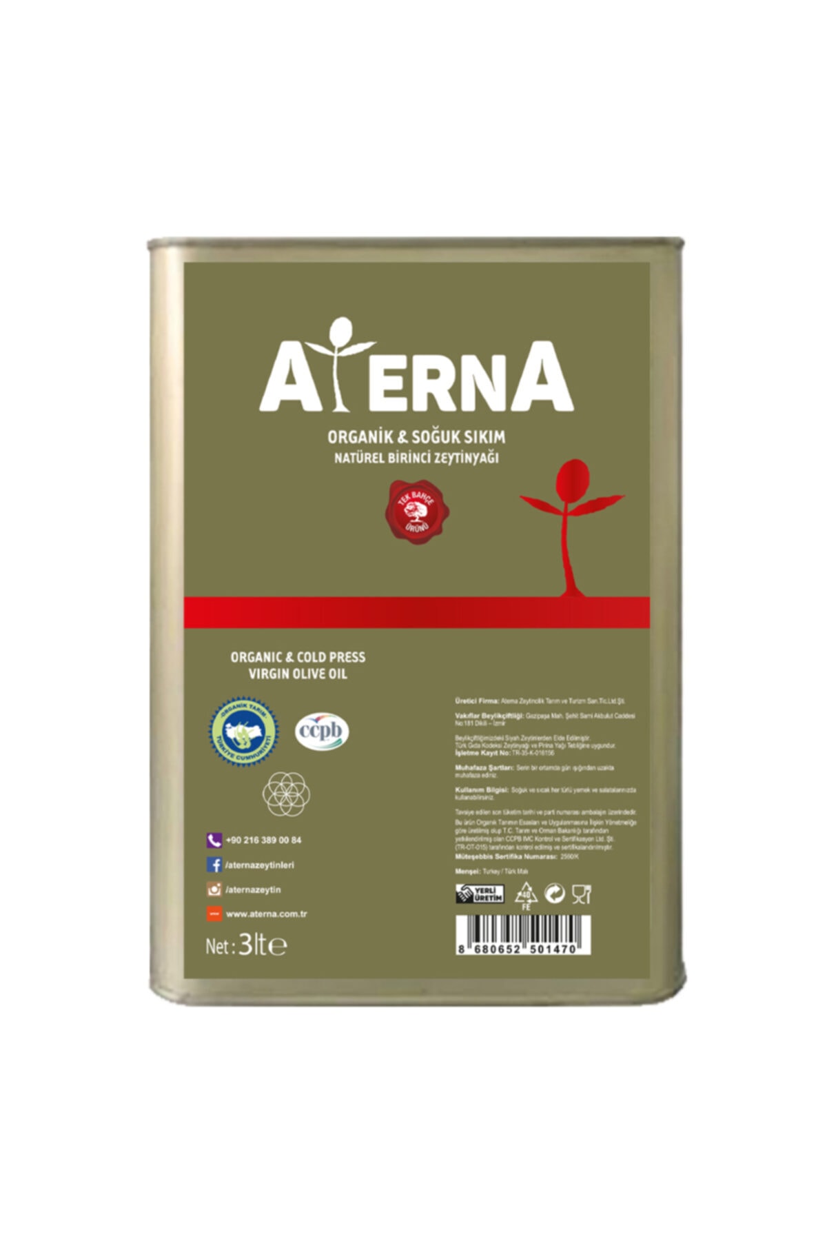 Aterna Beylikçiftliği - Yemeklik Zeytinyağı - Organik Ve Soğuk Sıkım 3lt
