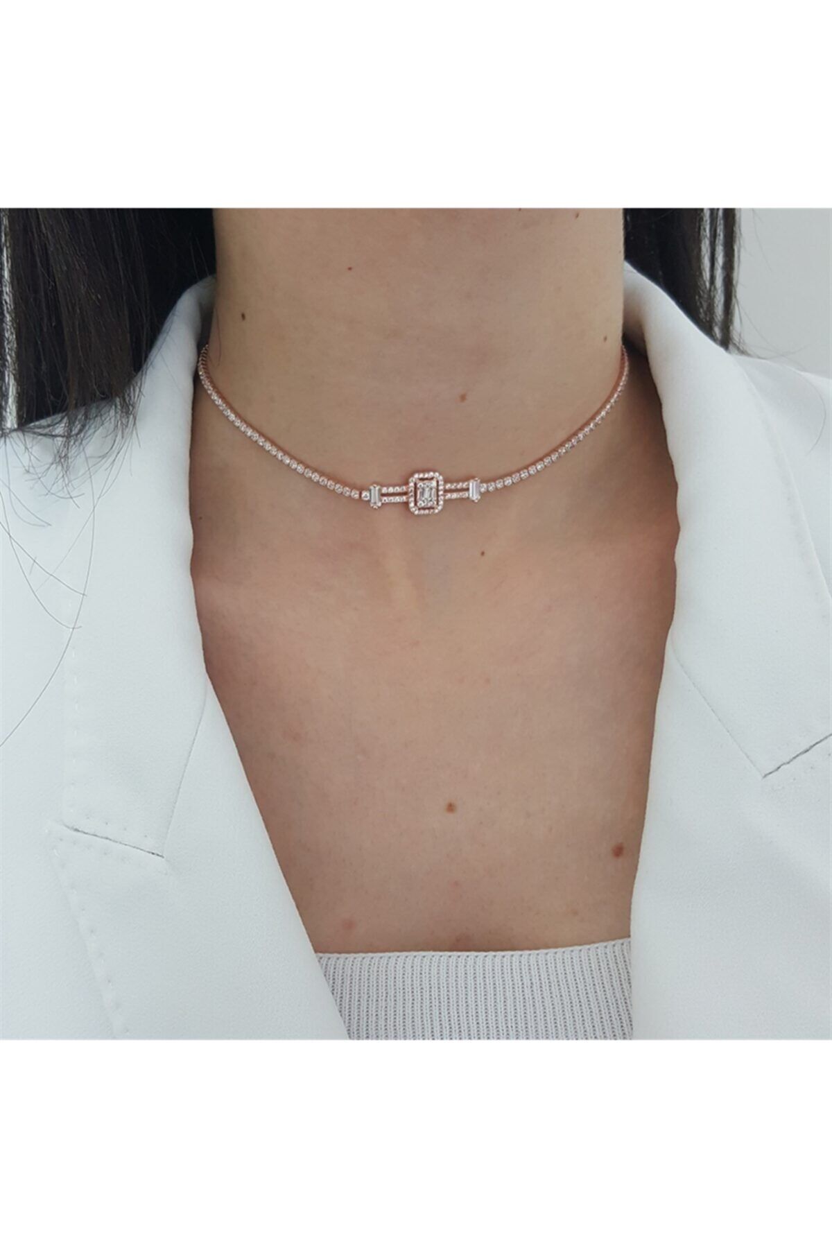 Medcezir Silver Baget Taşlı Su Yolu Gümüş Choker