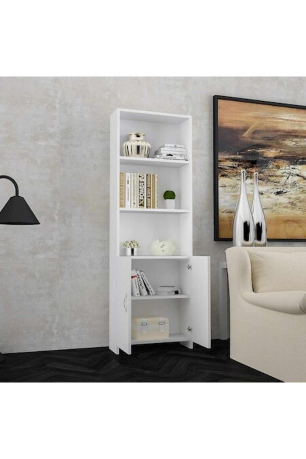 Modilayn Kapaklı Beyaz Kitaplık Ard208
