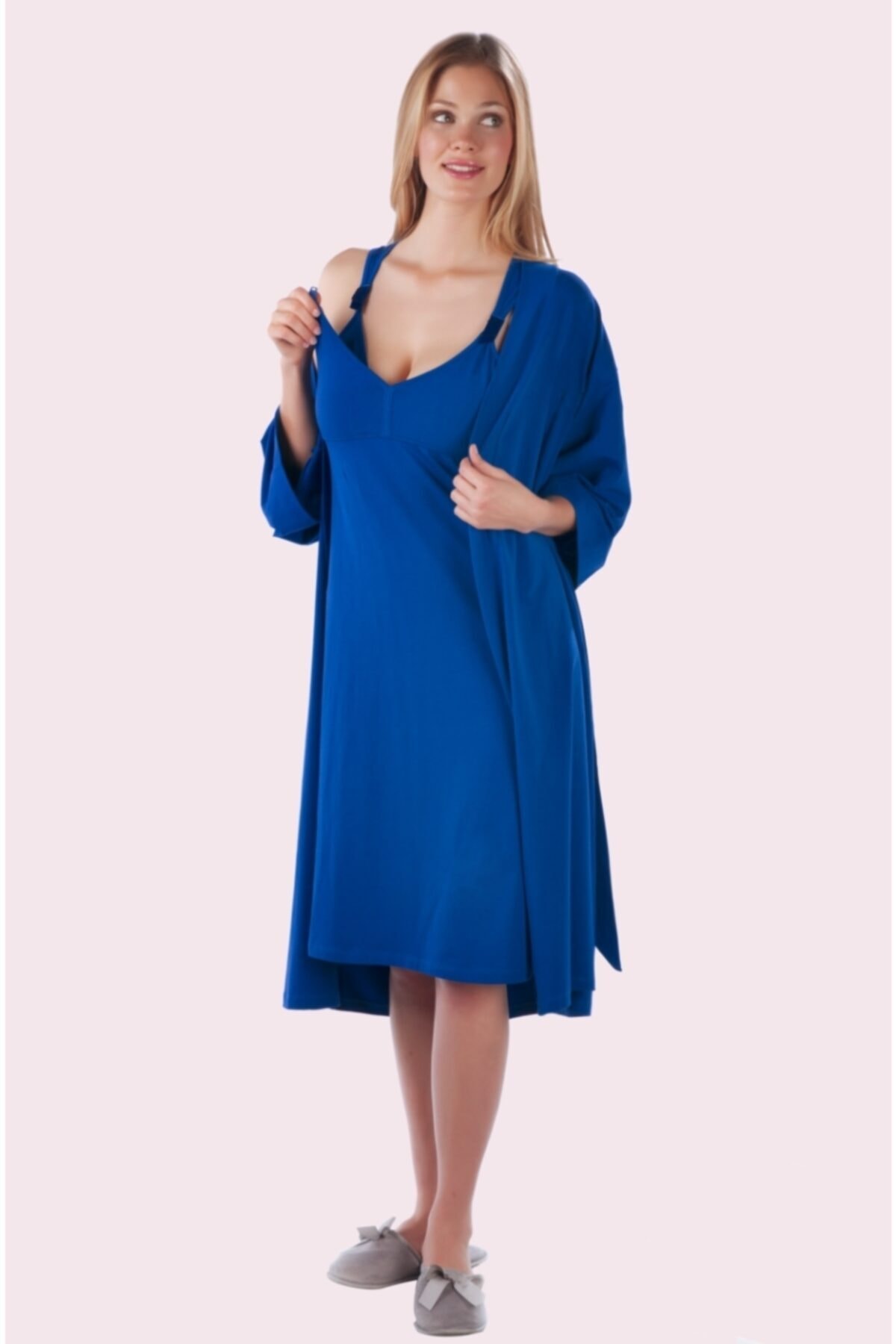 Chezmam Kadın Mavi Renkli Standart  Pamuk Sabahlık 4569