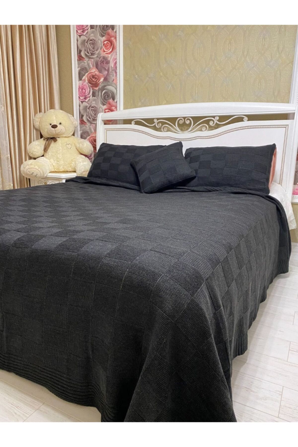 DIAMOND HOME Antrasit Desenli  Çift Kişilik Battaniye Takımı