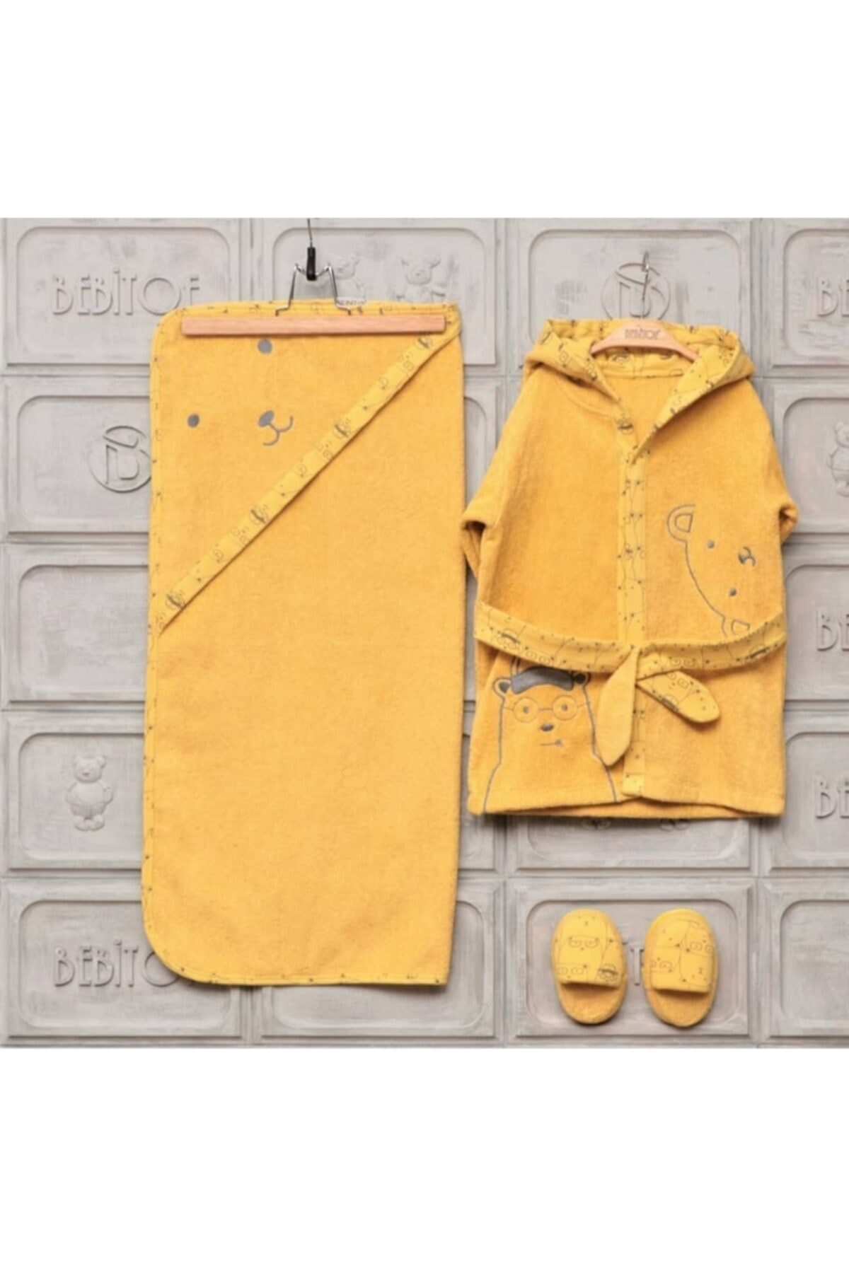 Bebitof Unisex Bebek Sarı Toplu Ayılar 4 Parça Bornoz Seti